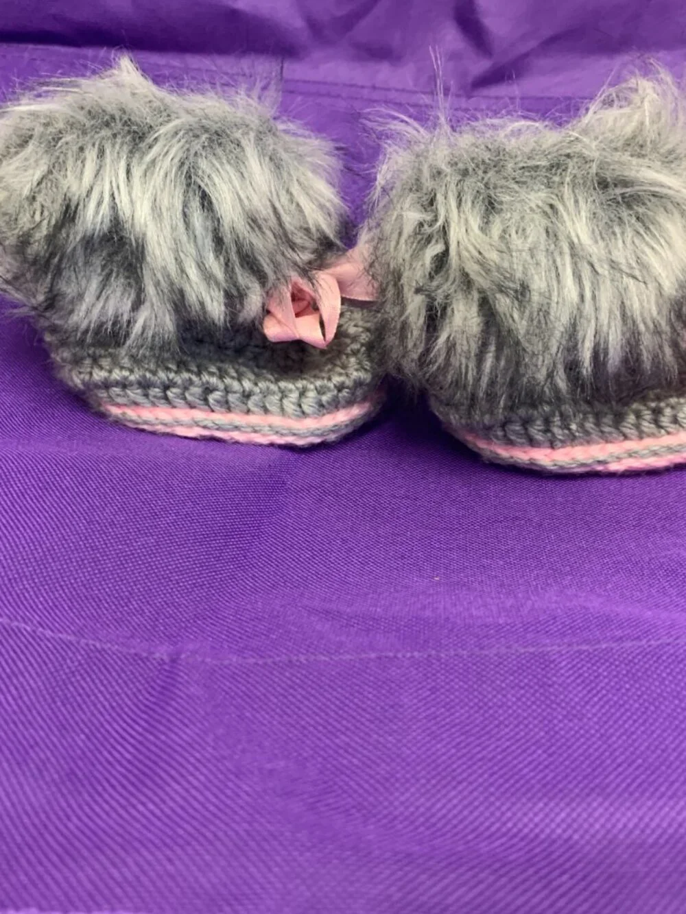 SHOES - Handmade crochet Baby girl Gray & pink faux fur booties Newborn